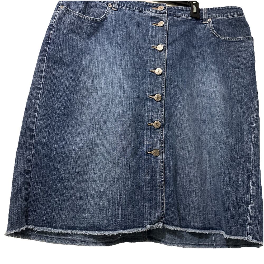 Venezia Y2K Denim Skirt Plus Size 20 Dark Wash Button Front Raw Hem Pockets - Picture 3 of 7